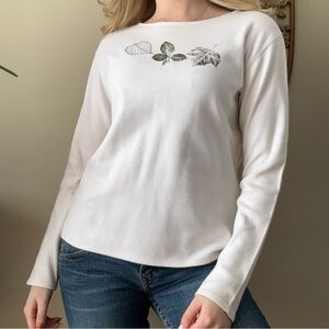 NorthCrest White Long Sleeve Top with Leaf Design